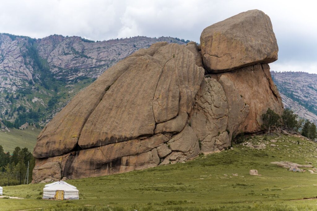 Turtle shapes rock and a ger in one of Mongolia's astounding national parks.