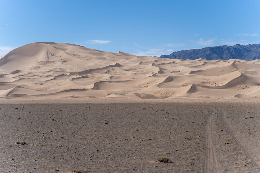 Desert track leading to the large pale sand dunes in the distance.