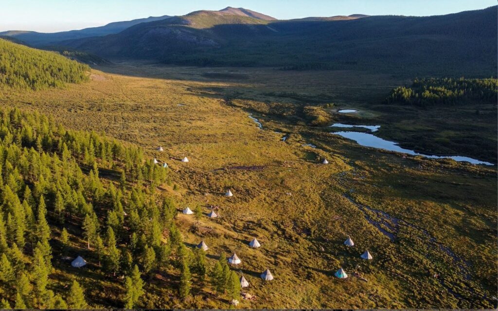 Aerial view of teepees in Mongolia's northern reaches.
