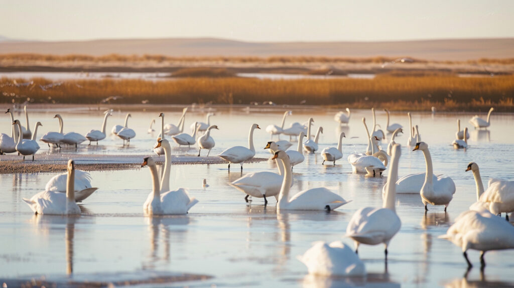 Swans migrating across Mongolia are landing in the Gobi