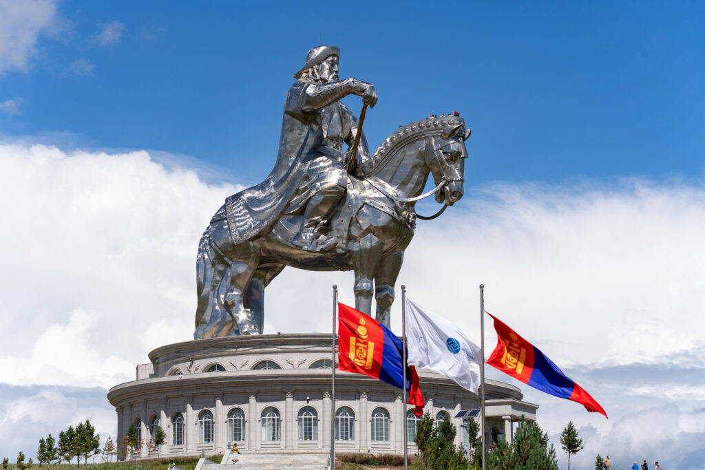 Chinggis Khan statue on a horse up close 