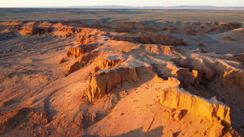 Red sunset on the flaming cliffs of the Gobi Desert